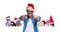 Smiling man with santa cap points finger near christmas cats
