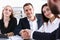 Smiling man in suit shake hands as hello in office