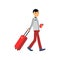 Smiling man tourist character pulling travel luggage, holding passport and ticket in hands. Traveling, summer vacation