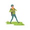 Smiling man walking with backpack, tourist traveling, camping and relaxing, summer vacations vector Illustration on a