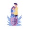 Smiling Man and Woman Standing Behind the Shield and Holding Little Baby Vector Illustration
