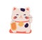 Smiling Maneki Neko toy waving with left paw. Japanese beckoning cat, symbol of luck, fortune, wealth and prosperity