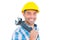 Smiling manual worker holding adjustable spanner