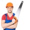 Smiling manual worker with saw