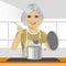 Smiling mature woman with ladle cooking soup in pan at domestic kitchen