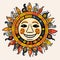 Smiling Mayan Sun: Hand-drawn Folk Art Doodle Illustration