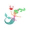 Smiling mermaid girl swimming with friendly crab underwater. Cartoon mythical sea creature with green shiny hair and