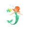 Smiling mermaid swimming underwater with little fish. Fairytale red-haired marine princess with tail. Isolated flat