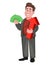 Smiling middle aged businessman holding money and red arrow