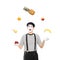 A smiling mime artist juggling fruits