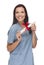 Smiling Mixed Race Female Nurse or Doctor With Diploma Wearing Scrubs