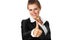 Smiling modern business woman showing thumbs up ge