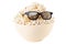 Smiling Monster of popcorn, glasses. on white