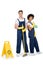 smiling multiethnic cleaners with cleaning supplies and warning sign looking at camera