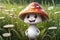 smiling mushroom character with cap dotted with lighter spots, standing in grassy field, expressive cartoon