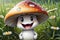 smiling mushroom character with cap dotted with lighter spots, standing in grassy field, expressive cartoon