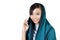 Smiling muslim girl talk on phone