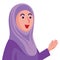 Smiling Muslim woman character with purple hijab giving speech or tutoring to audience