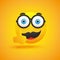 Smiling Nerd Emoji - Simple Happy Male Emoticon with Glasses and Mustache Showing Thumbs Up on Yellow Background - Vector Design