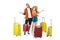 smiling newlywed couple with arranged suitcases around