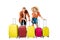 smiling newlywed couple with arranged suitcases around