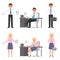 Smiling, nice office worker man and woman vector. Front view standing, writing notes, sitting at desk boy, girl cartoon character