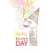 Smiling number Ðžne with cap on the background with pastel blots and serpentine. Greeting card for April Fool\'s day.