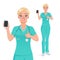 Smiling nurse showing blank vertical smartphone screen with thumb up. Isolated vector illustration