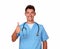 Smiling nurse in uniform gesturing positive sign