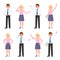 Smiling office guy, lady vector illustration. Talking on phone, waving hello eyeglasses male and blonde female cartoon character