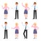 Smiling office man and woman vector illustration. Waving hand, talking on phone, standing side view boy and girl cartoon character