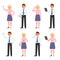 Smiling office man, woman vector. Standing with tablet, notes, coffee, side view, talking on phone boy, girl cartoon character