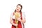 smiling oktoberfest waitress in traditional bavarian dress holding wheat ears