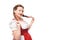 smiling oktoberfest waitress in traditional bavarian dress with pigtails