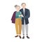 Smiling old man standing beside elderly woman, warmly embracing her and giving flower. Romantic senior couple. Beautiful