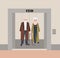 Smiling old man and woman with canes standing in elevator with open doors. Cute funny elderly couple waiting inside lift
