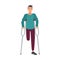 Smiling one-legged man or boy with amputated leg standing or walking with crutches. Happy male cartoon character with