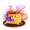 Smiling orange cup with spring crocuses and heart chocolate chip cookies on a saucer.
