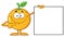 Smiling Orange Fruit Cartoon Mascot Character Pointing To A Blank Sign