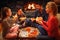 Smiling parents and children eating pizza on the floor