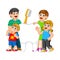 Smiling parents with two kids standing next to big white tooth holding toothbrush