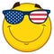 Smiling Patriotic Yellow Cartoon Emoji Face Character With USA Flag Sunglasses.