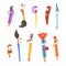 Smiling Pen, Pencils And Brushes, Series Of Animated Stationary Cartoon Characters Isolated Colorful Stickers