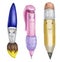 Smiling Pen, Pencils And Brushes, Set Of Animated Stationary Cartoon Characters Isolated Colorful Stickers. Writing And