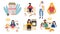 Smiling people baking home bread set of flat illustrations. Family bakery, family prepares baked goods, woman bought fresh bread,