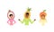 Smiling People in Fruit Headdress, Happy Persons Wearing Pitahaya, Pineapple, Mango Headgears Cartoon Vector