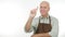 Smiling Person With Apron Attention Sign a Warning Hand Gestures