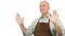 Smiling Person With Apron Make Hello Hand Gestures