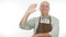 Smiling Person With Apron Make Hello Sign a Salute Hand Gestures