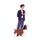 Smiling pet owner standing with his small shaggy dog on leash. Man and doggy of Springer Spaniel breed. Colored flat